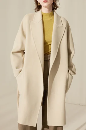 Luxury Mid Length Women Woolen Coats Winer Double Faced 100% Real Wool Coat With Belt