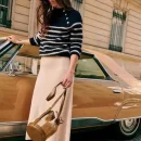 High Quality 100% Wool Pullover Sweater Long Sleeve Striped Knitted Sweater Women With Side Buttons