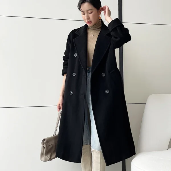 Women s Wear Small Batch Haute Couture Thickening Keep Warm Double-breasted Classic Black Long 101801 Cashmere Coat - Image 6