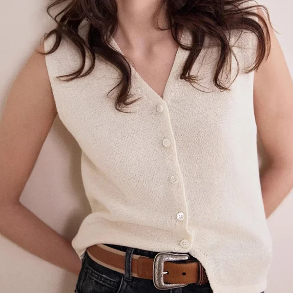 Summer V Neck Knitwear  Waistcoat Sleeveless Cotton Knitted Vest for Women - Image 5