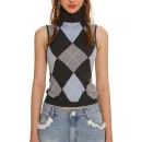 Jacquard Sweater Sleeveless Diamond Lattice Pattern Knitwear High Collar Crop Knitted Wool Vest Women