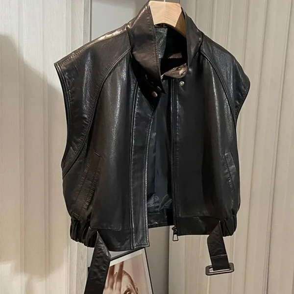 Sleeveless Leather Waistcoat Cropped Real Sheepskin Leather Vest for Women - Image 3