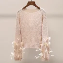 High Quality Luxury Mesh Hollow Out Knitted Sweater Women Luxury 100% Wool Knitwear with Feather