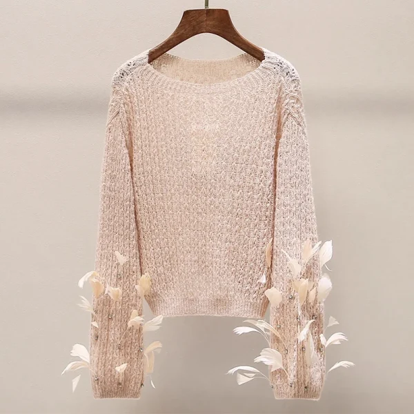 High Quality Luxury Mesh Hollow Out Knitted Sweater Women Luxury 100% Wool Knitwear with Feather