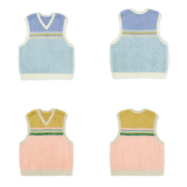 Dopamine Style Rainbow V Neck Fur Waistcoat Crop Polyester Knitted Sweater Vests for Women - Image 5