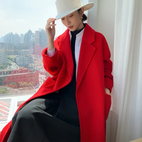 The Real High-end Autumn and Winter Double-sided Wool Cashmere Soft Coat Solid Color Jacket Sticker Bag - Image 5